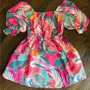 Tropical Pink and Green Dress, puff sleeves, off shoulder, sz medium